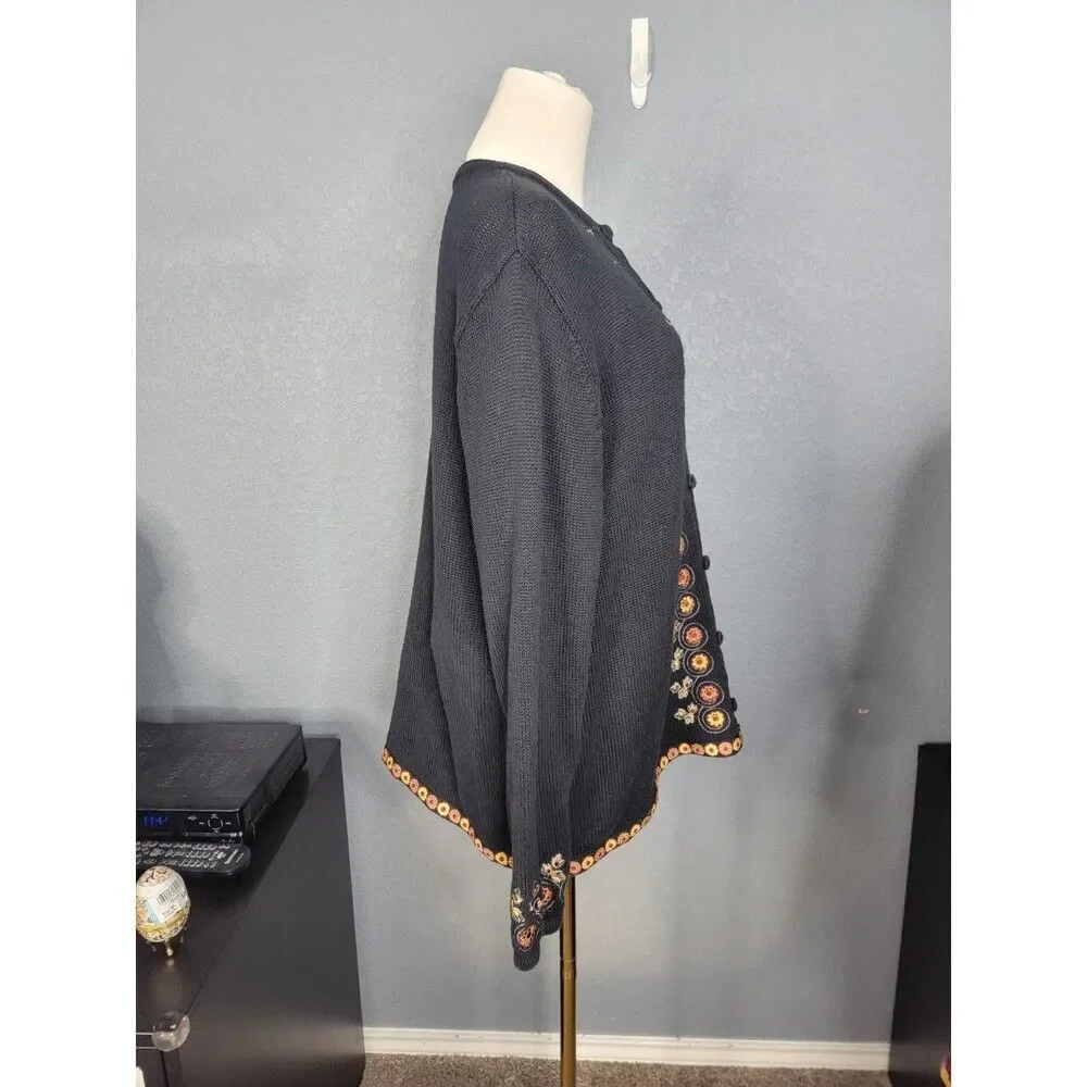 Vtg Bechamel Womens L Black Knit Embroidered Autum Leave Floral Button Cardigan